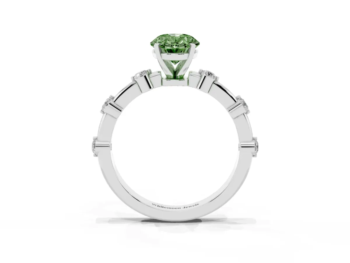 Fancy Green Oval Cut Solitaire Diamond Ring with Bezel Set Side Stones and Prong Setting Silver