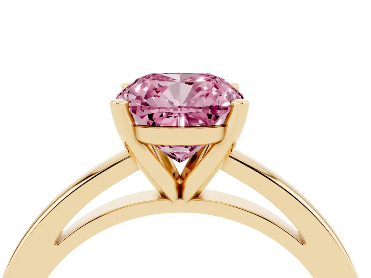 Fancy Pink Cushion Cut Solitaire Diamond Engagement Ring with Four-Prong Setting on a Classic Band Yellow gold