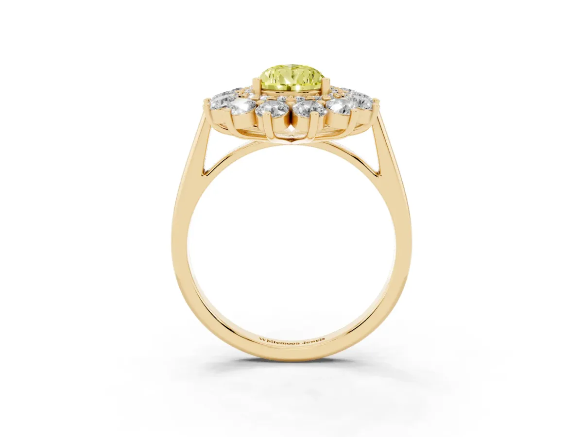 Fancy Yellow Pear Cut Diamond Floral Double Halo Engagement Ring with Prong Setting Yellow gold