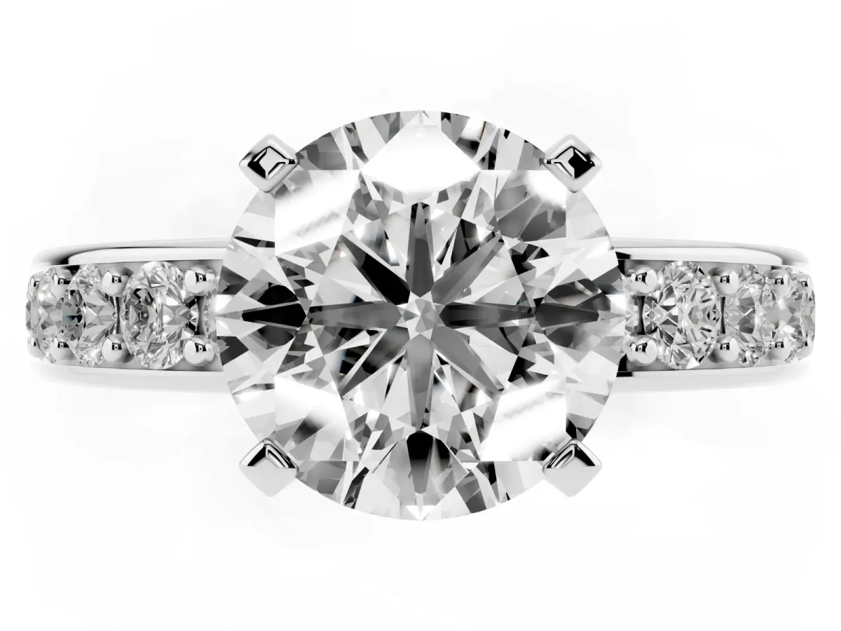 Round Cut Diamond Engagement Ring with Channel Set Round Band and Prong Setting Silver