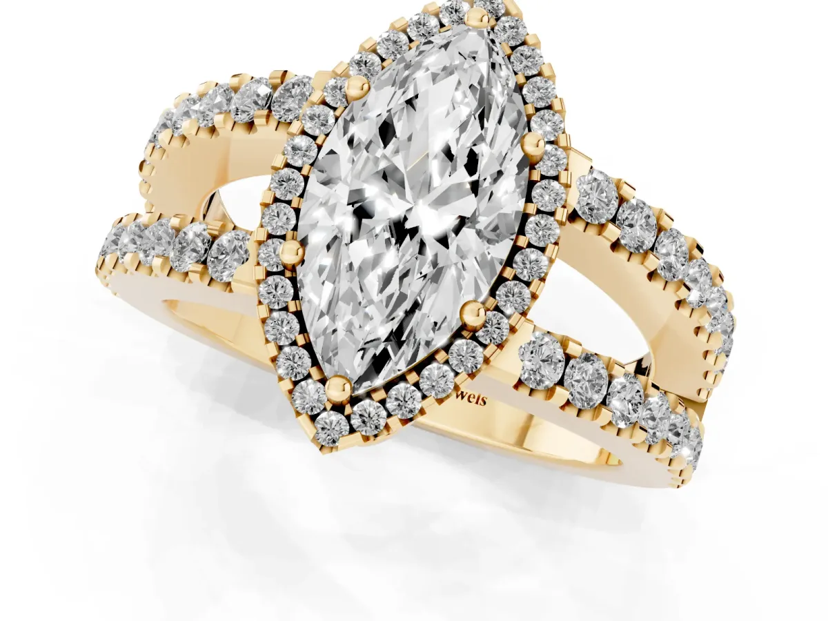 Marquise Cut Cut Halo Split Shank Diamond Ring with Four-Prong Setting Yellow gold