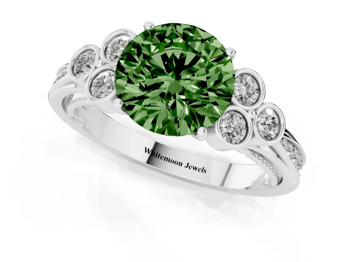 Fancy Green Round Cut Cut Diamond Engagement Ring with Bezel Set Round Side Stones and Prong Setting Platinum