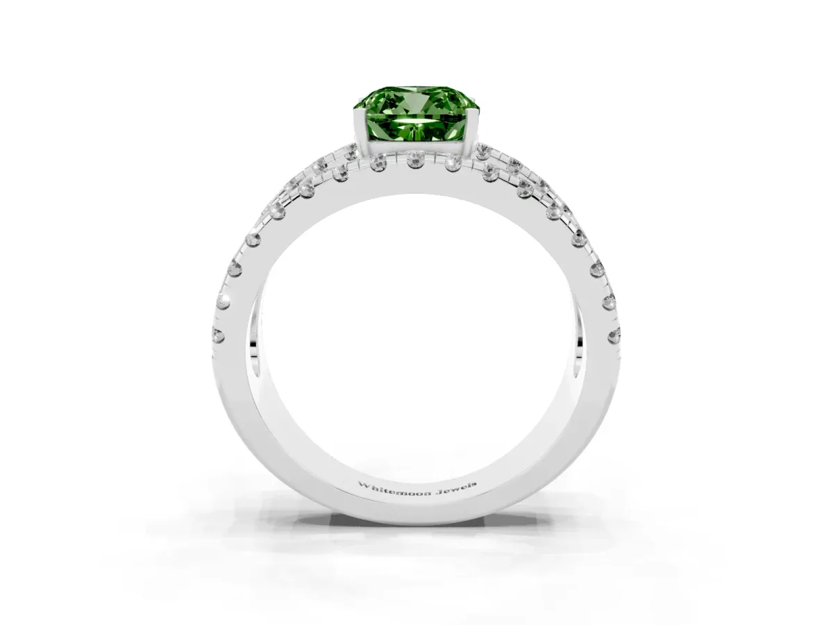 Fancy Green Cushion Cut Solitaire Split Shank Pave Diamond Ring Platinum