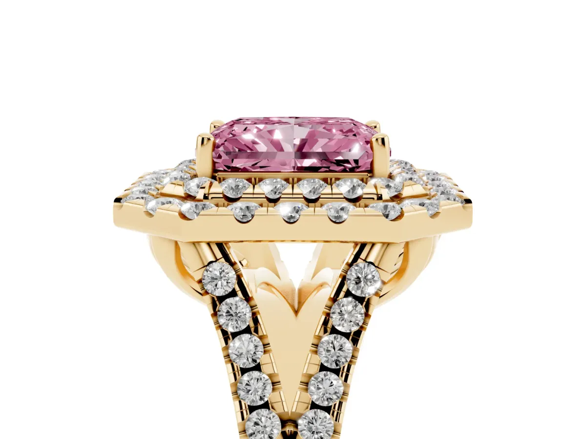 Fancy Pink Double Halo Radiant Cut Diamond Pavé Split Shank Ring with Prong Setting Yellow gold