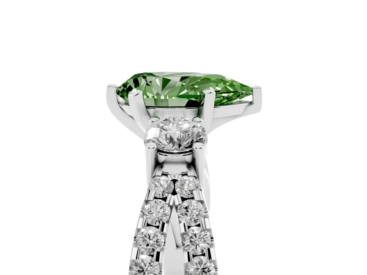 Fancy Green Pear Cut Diamond Three-Stone Ring with Pavé Split Shank and Four-Prong Setting Platinum