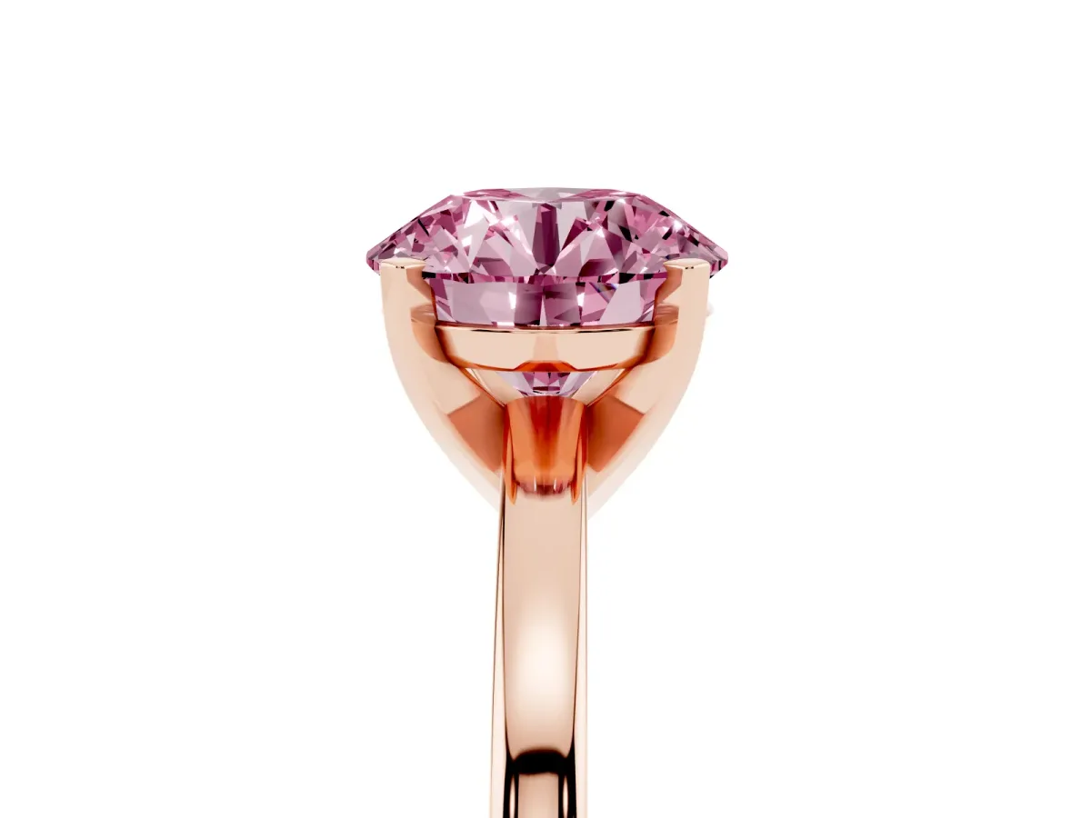 Fancy Pink Round Cut Solitaire Diamond Engagement Ring with Four-Prong Setting on a Classic Band Rose gold