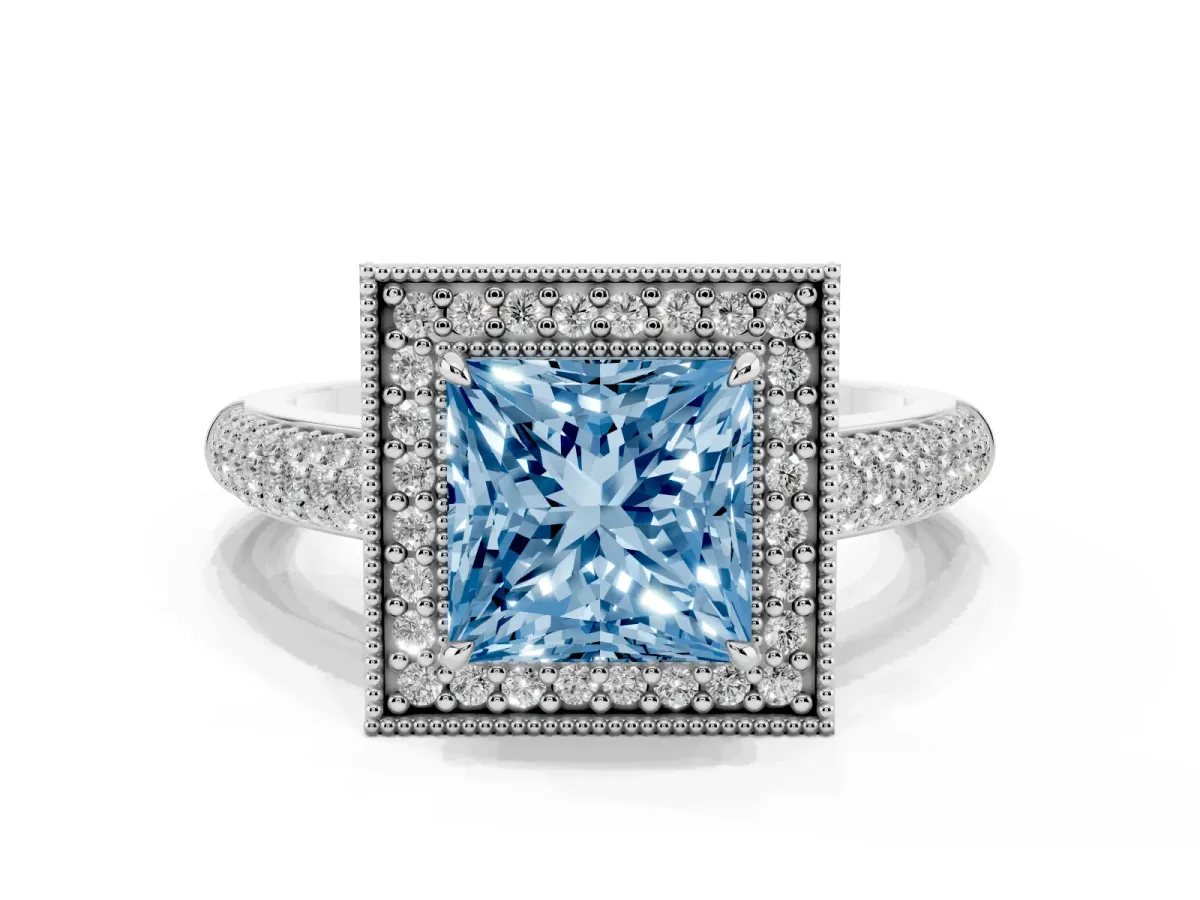 Fancy Blue Princess Cut Cut Halo Diamond Pave Band with Four-Prong Setting Silver