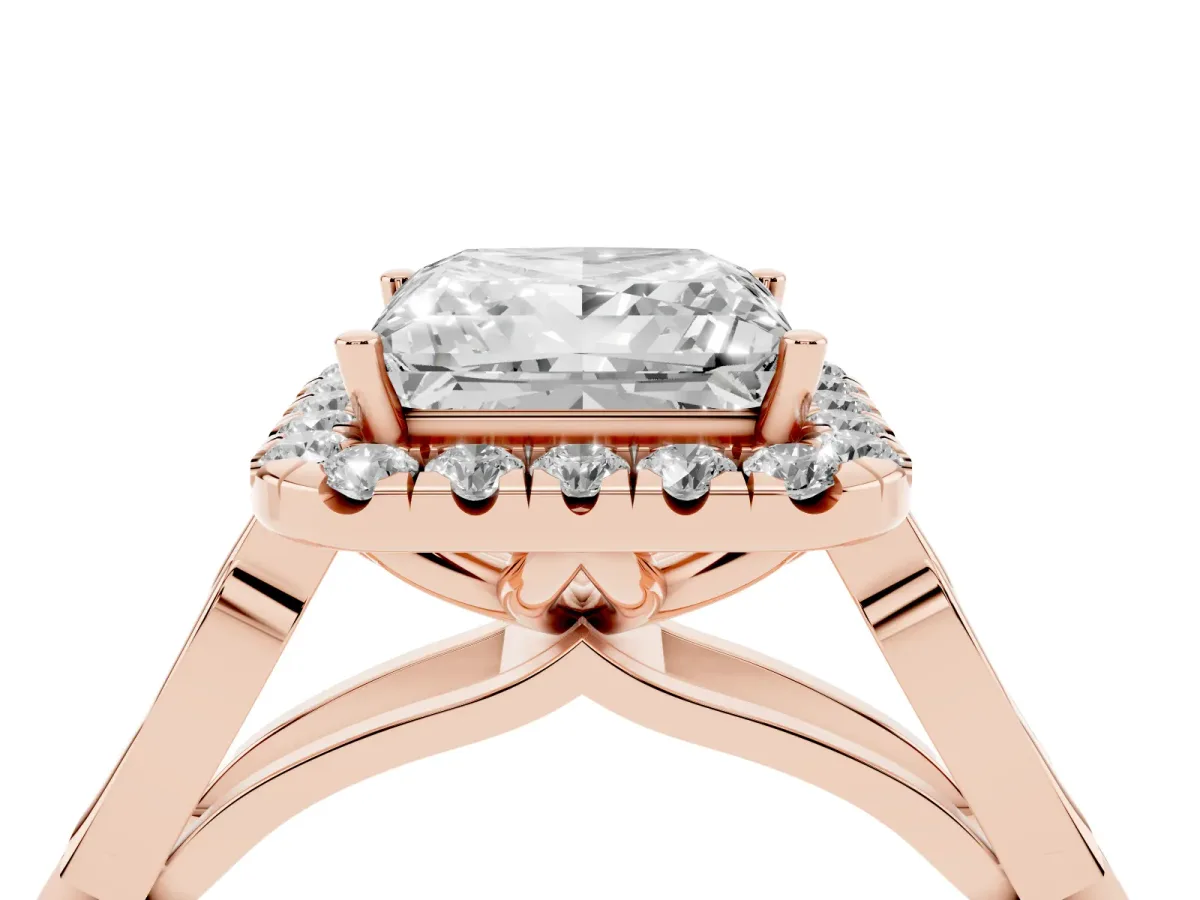 Princess Cut Halo Diamond Engagement Ring with Filigree Band and Four-Prong Setting Rose gold