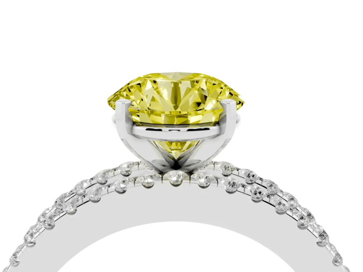Fancy Yellow Round Cut Diamond Solitaire Ring with Pavé and Channel Set Band Silver