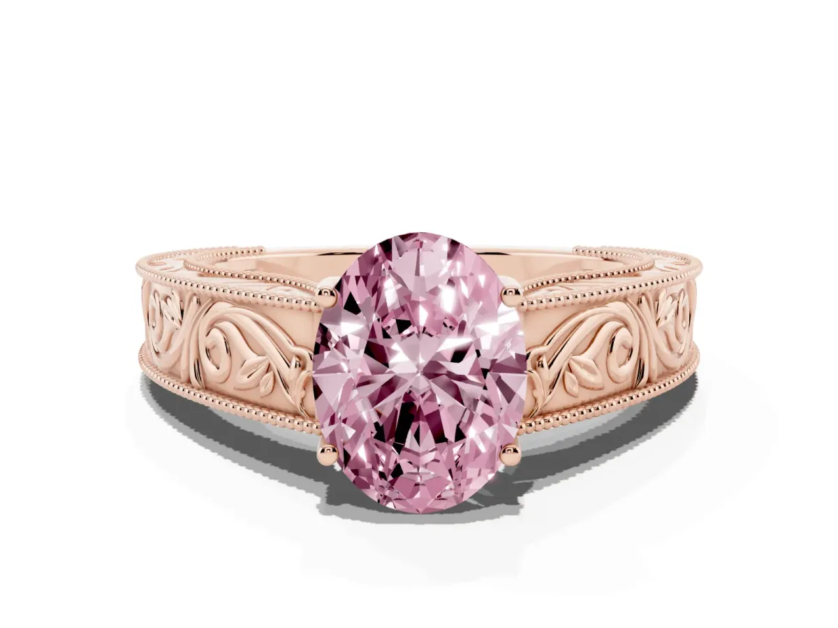 Fancy Pink Oval Cut Diamond Solitaire Ring with Engraved Band and Four-Prong Setting Rose gold