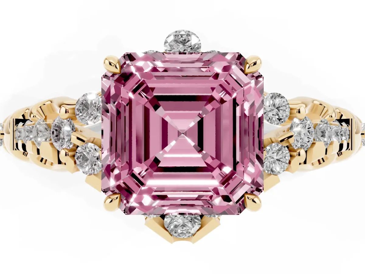 Fancy Pink Asscher Cut Diamond Solitaire Ring with Hidden Halo and Pavé Band Yellow gold