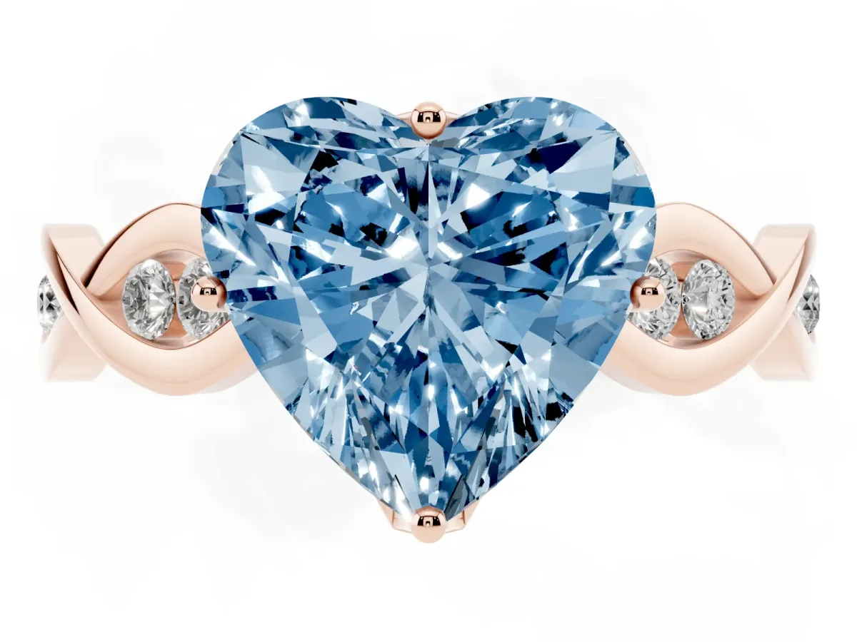 Fancy Blue Heart Cut Solitaire Twist Band with Leaf Prong Setting Rose gold