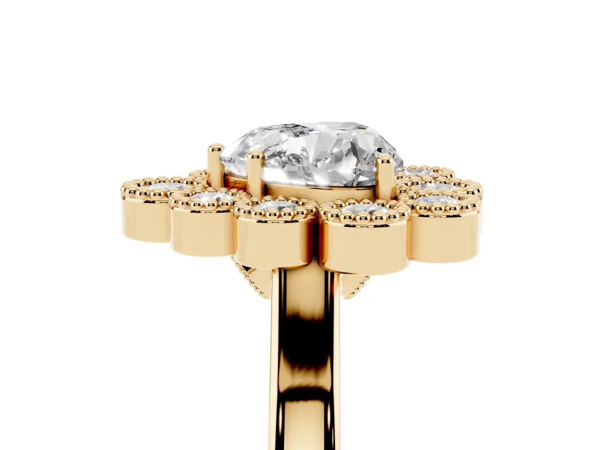 Heart Cut Halo Diamond Cluster Engagement Ring with Milgrain Bezel Setting and Solitaire Band Yellow gold