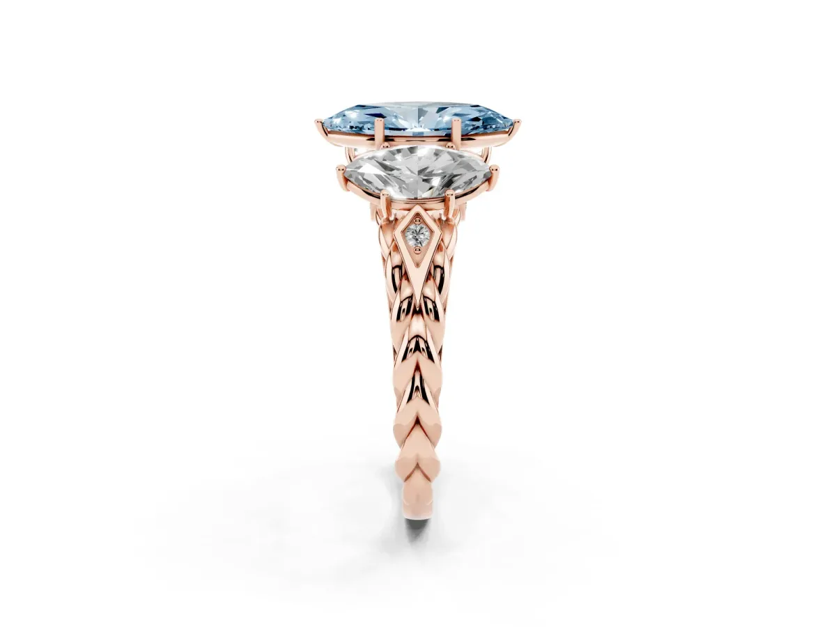 Fancy Blue Three-Stone Marquise Cut Diamond Braided Band Ring with Four-Prong Setting Rose gold