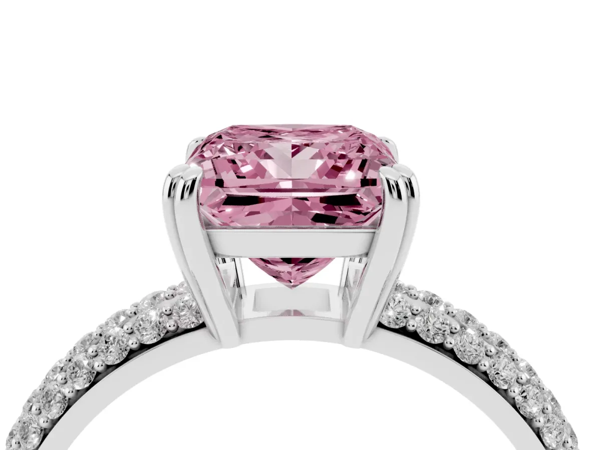 Fancy Pink Princess Cut Diamond Solitaire Ring with Multi-Row Round Pavé Band and Prong Setting Silver