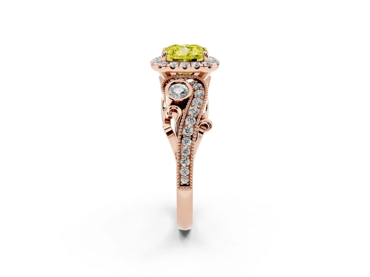 Fancy Yellow Cushion Cut Halo Diamond Ring with Milgrain and Bezel Accents on a Split Shank Band Rose gold