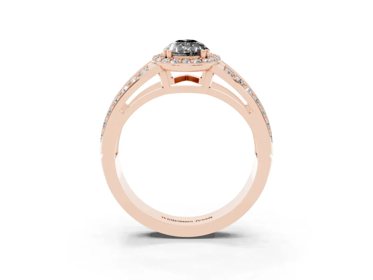 Fancy Black Pear Cut Diamond Halo Ring with Split Shank Pavé Band and Four-Prong Setting Rose gold