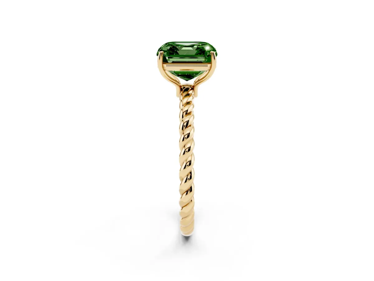Fancy Green Asscher Cut Solitaire Twist Band Ring with Four-Prong Setting Yellow gold