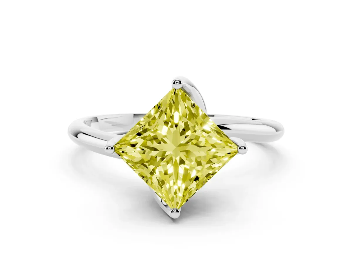 Fancy Yellow Princess Cut Diamond Solitaire Engagement Ring with Four-Prong Setting and Classic Band Platinum