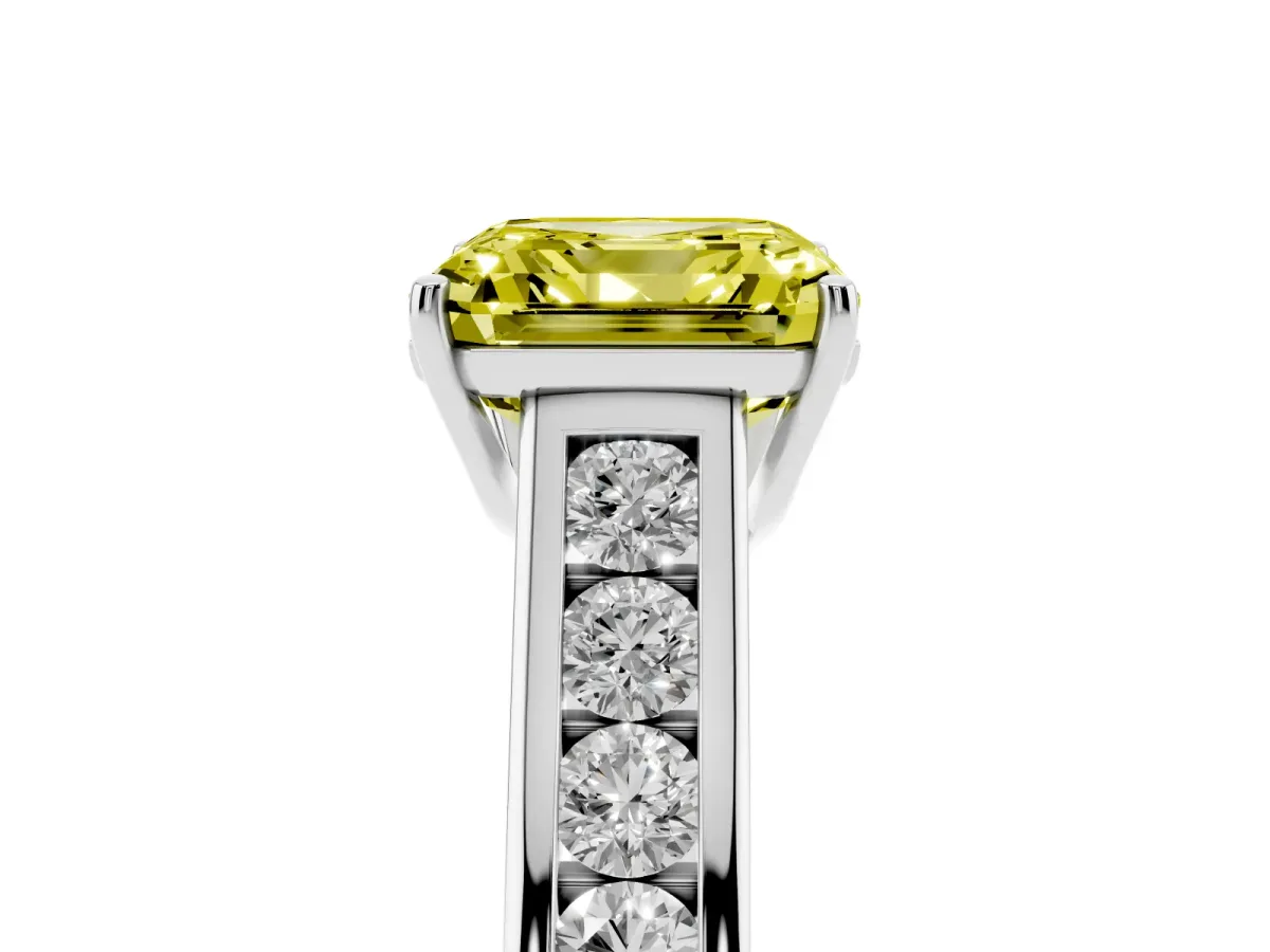 Fancy Yellow Asscher Cut Brilliant Channel-Set Solitaire Ring with Four-Prong Setting Silver