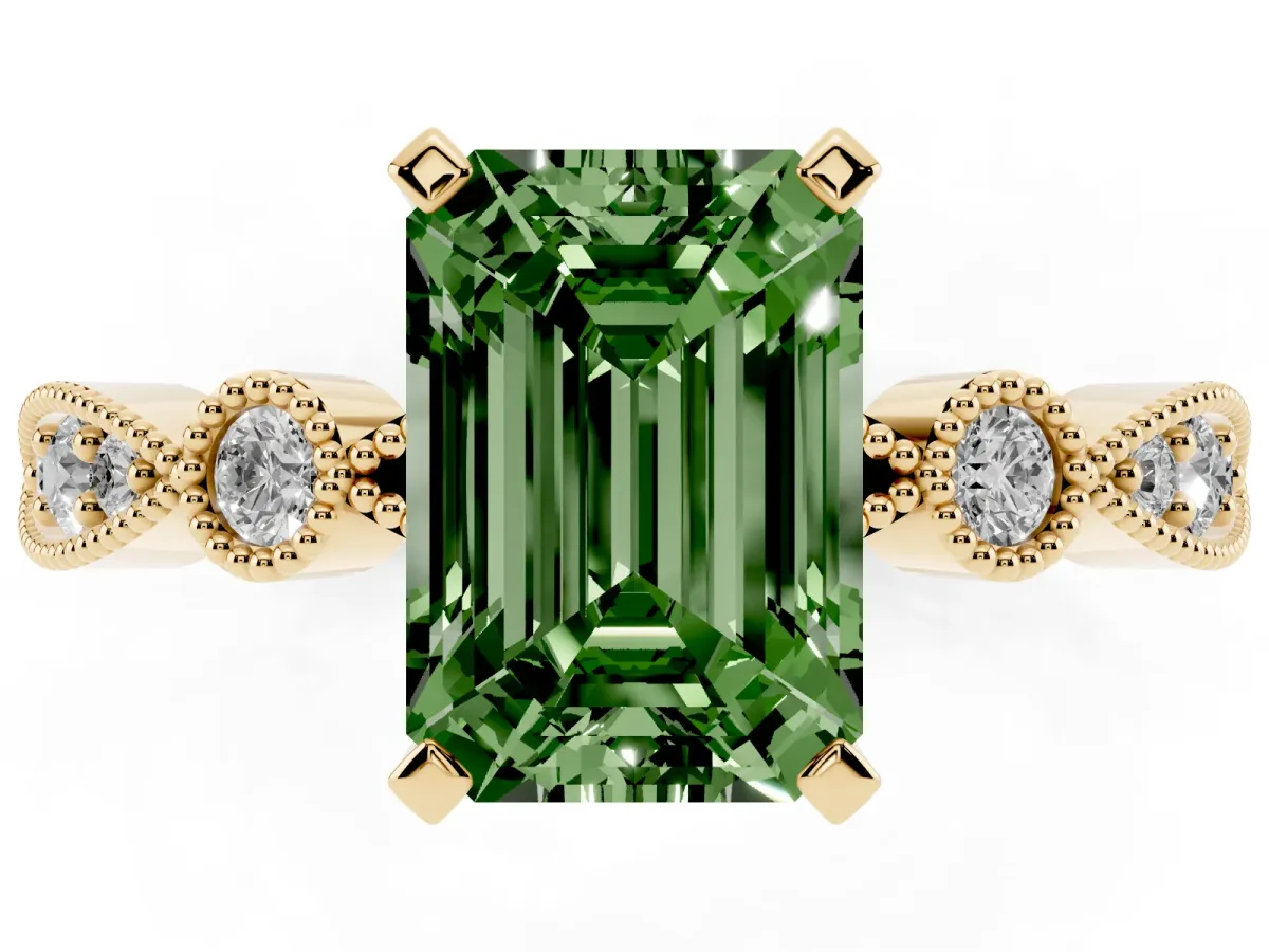 Fancy Green Emerald Cut Milgrain Bezel Diamond Engagement Ring with Solitaire Prong Setting Yellow gold