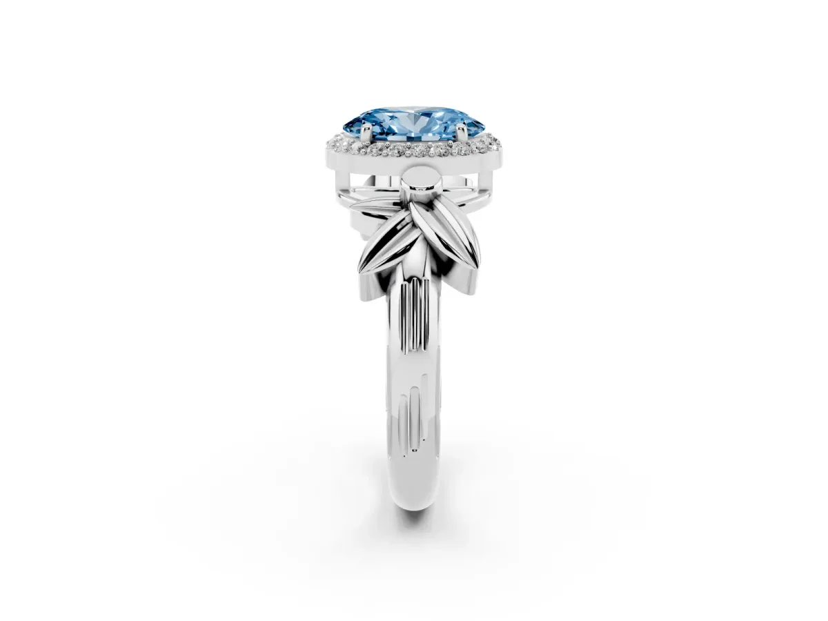 Fancy Blue Oval Cut Halo Diamond Floral Band with Four-Prong Setting Silver