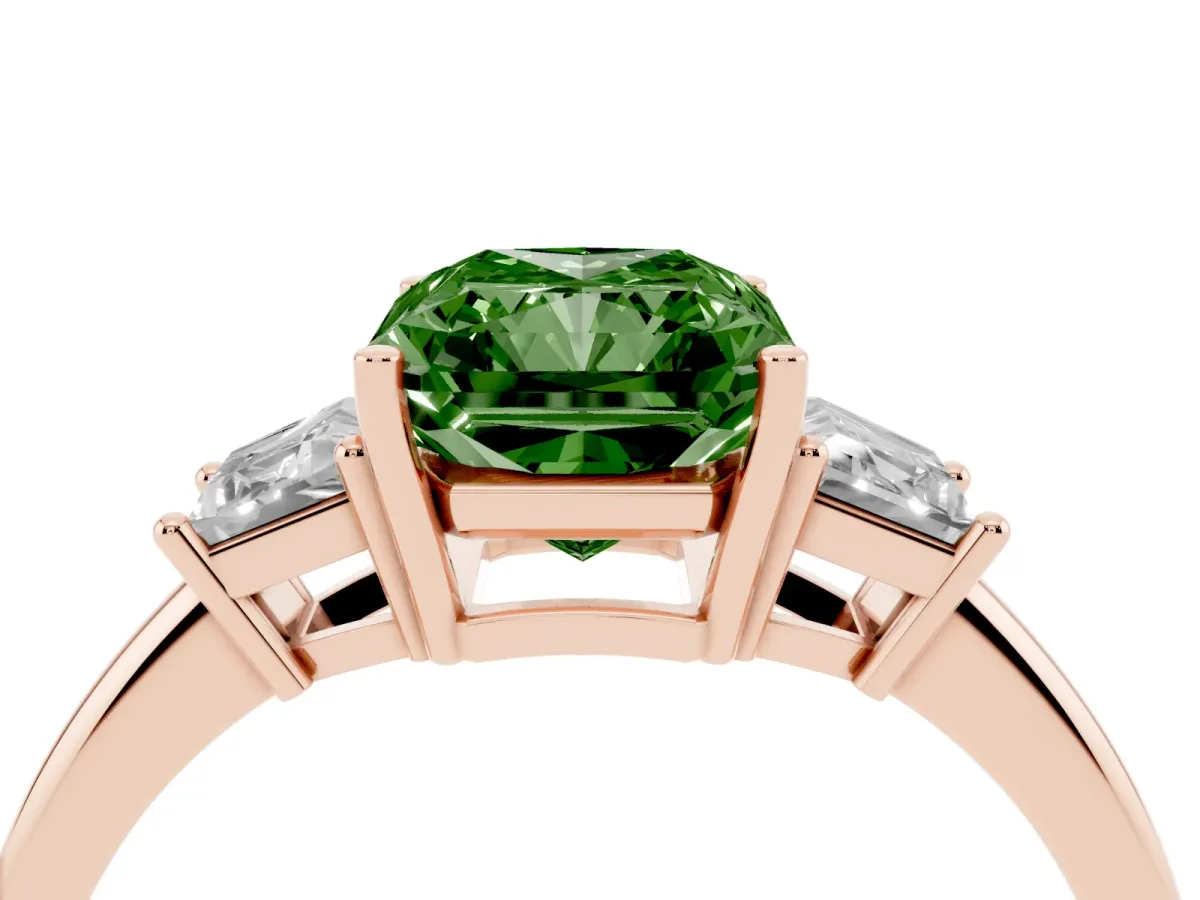 Fancy Green Radiant Cut Diamond Three-Stone Ring with Trapezoid Side Stones and Prong Setting Rose gold