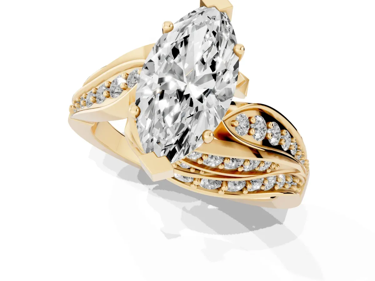 Marquise Cut Diamond Solitaire Ring with Prong Setting and Twisted Pavé Band Yellow gold