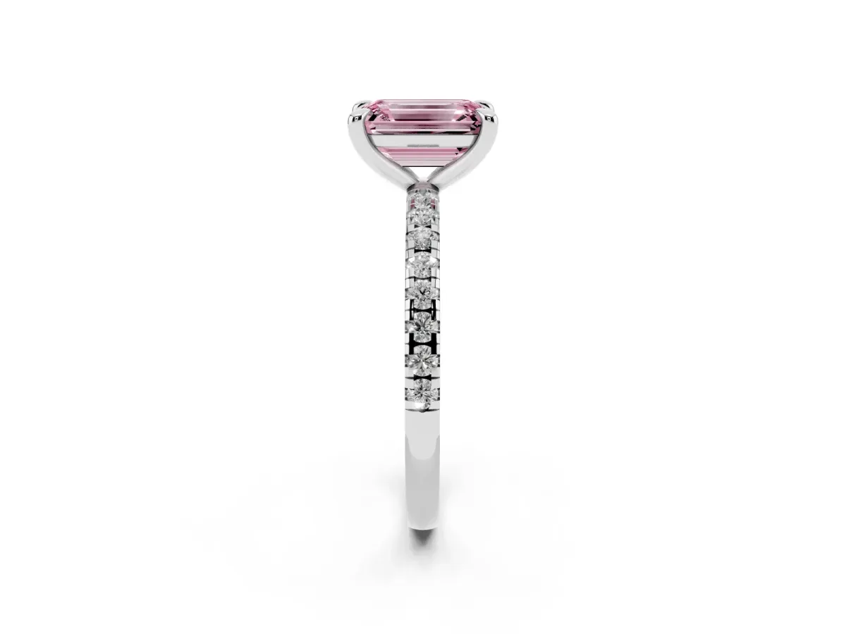 Fancy Pink Emerald Cut Diamond Brilliant Solitaire Ring with Pavé Band and Four-Prong Setting Silver