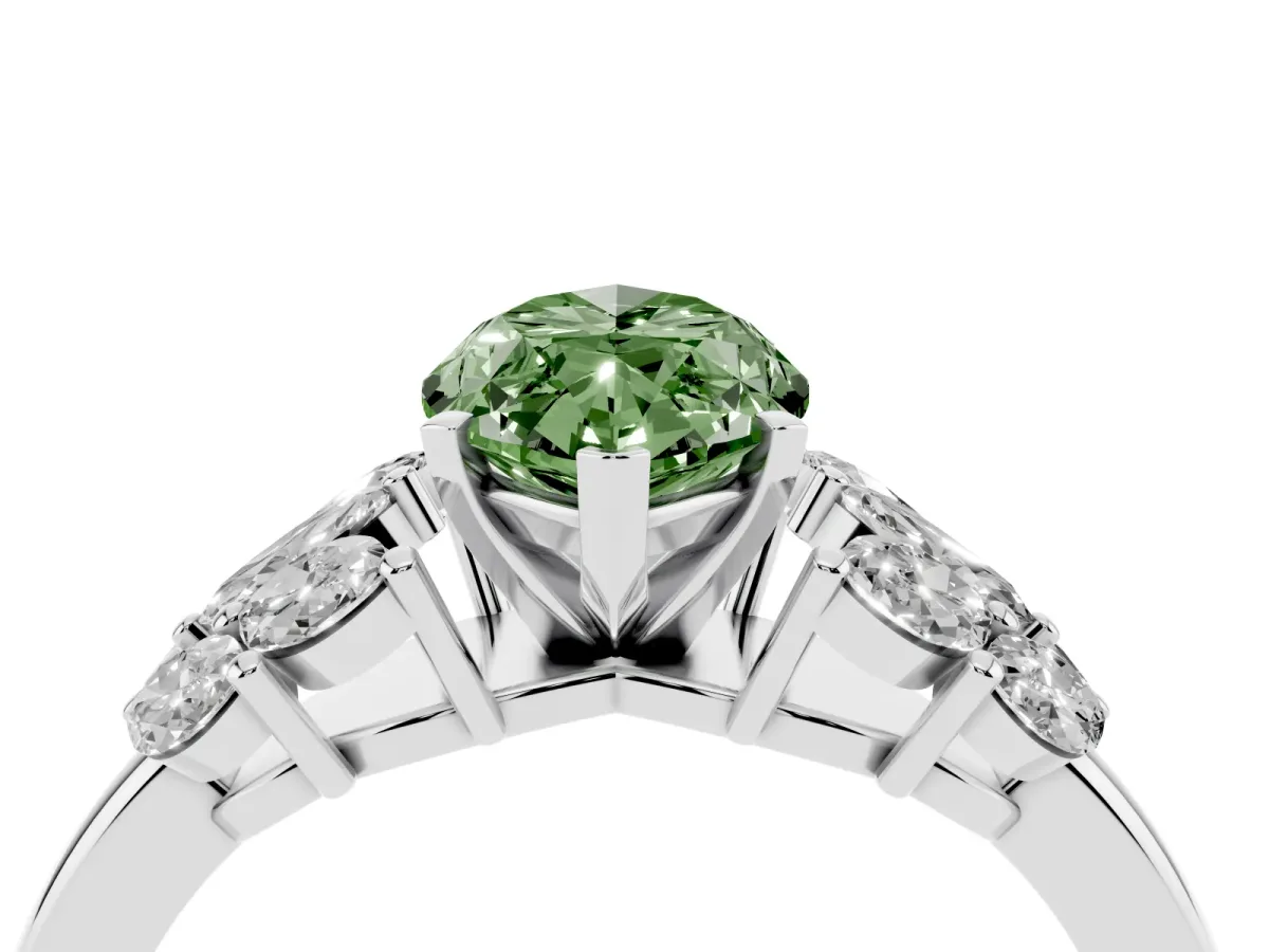 Fancy Green Marquise Cut Diamond Cluster Leaf Design Ring with Prong Setting Silver
