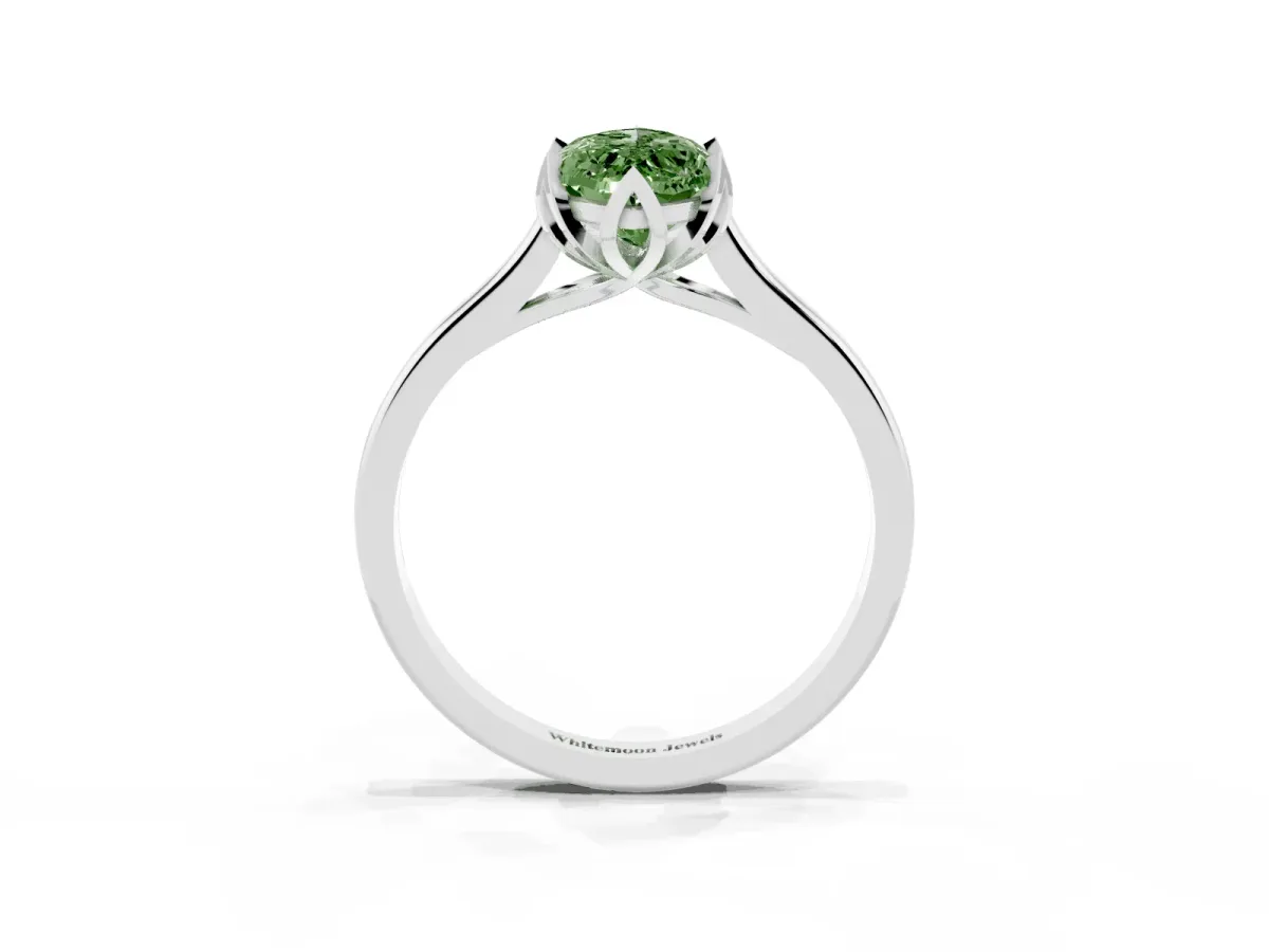 Fancy Green Marquise Cut Diamond Solitaire Ring with Flower Prong Setting and Classic Band Silver