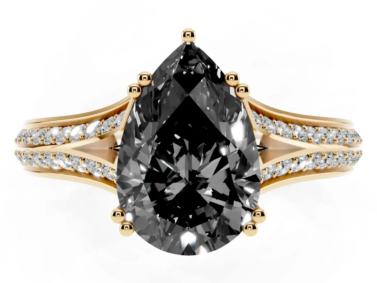 Fancy Black Pear Cut Diamond Split Shank Engagement Ring with Pavé Band Yellow gold