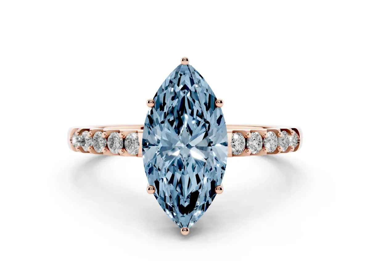 Fancy Blue Marquise Cut Solitaire Diamond Engagement Ring with Pavé Band and Six-Prong Setting Rose gold