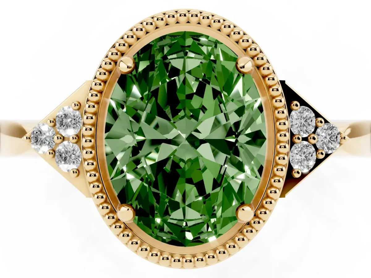 Fancy Green Hexagonal Halo Oval Cut Diamond Solitaire with Pavé Band and Four-Prong Setting Yellow gold