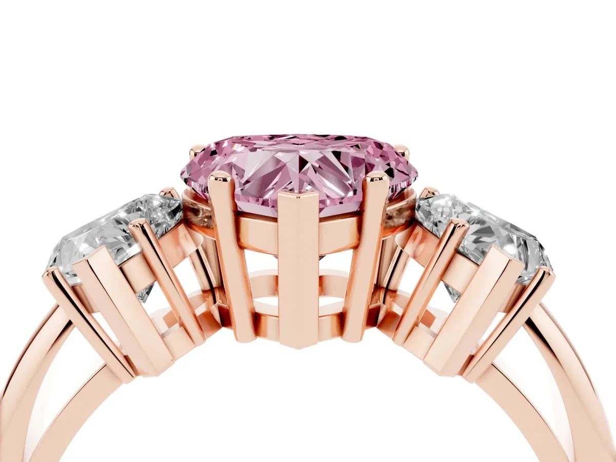 Fancy Pink Three-Stone Heart Cut Cut Diamond Engagement Ring with Prong Setting on a White Gold Band Rose gold