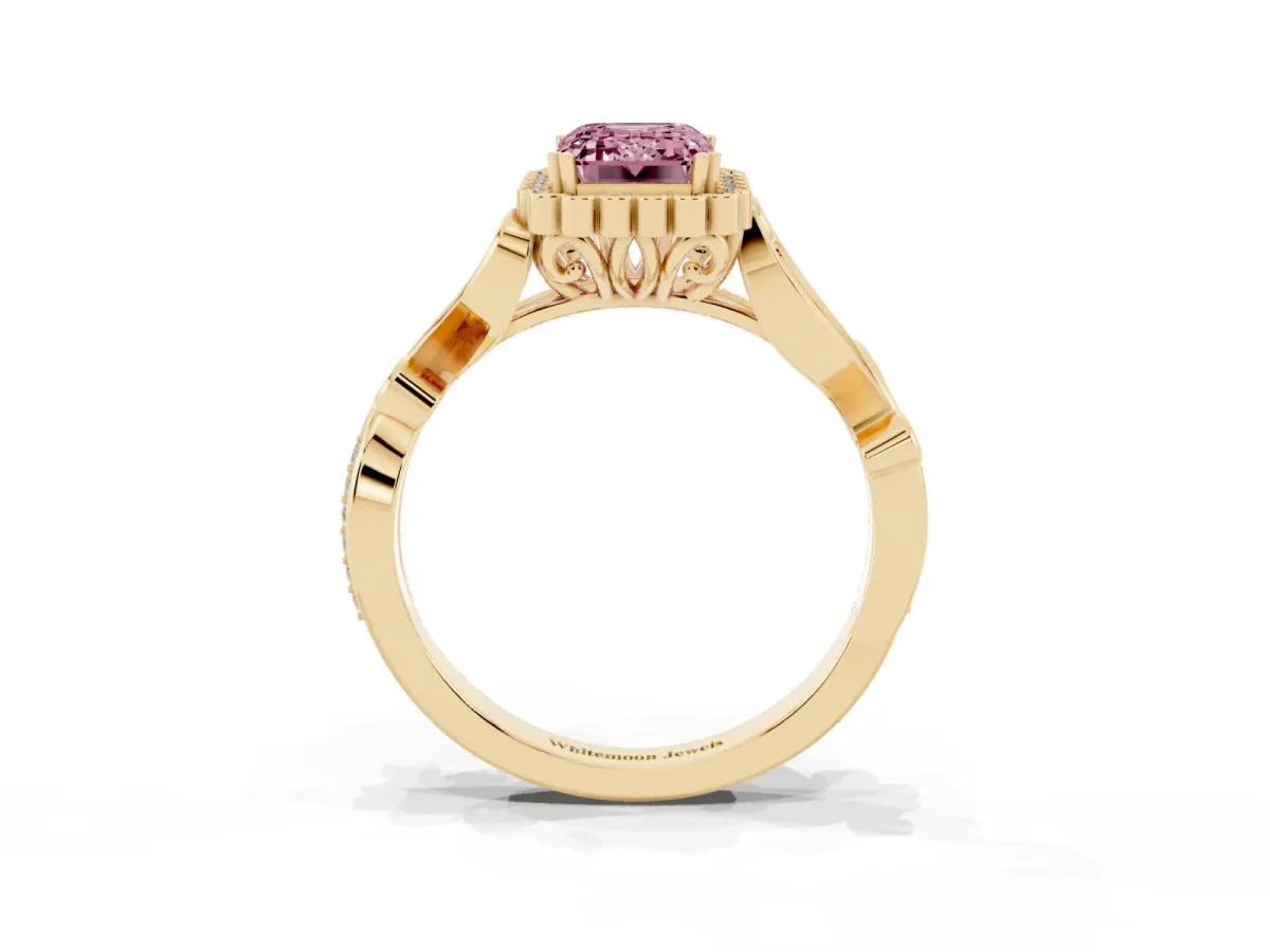 Fancy Pink Emerald Cut Diamond Halo Ring with Vintage Split Shank and Four-Prong Setting Yellow gold