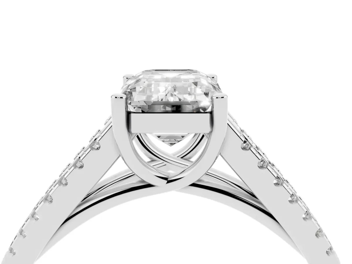 Emerald Cut Diamond Solitaire Engagement Ring with Split Shank Pavé Band Platinum