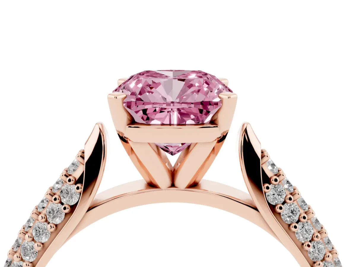 Fancy Pink Cushion Cut Diamond Solitaire Engagement Ring with Multi-Row Round Pavé Band and Prong Setting Rose gold