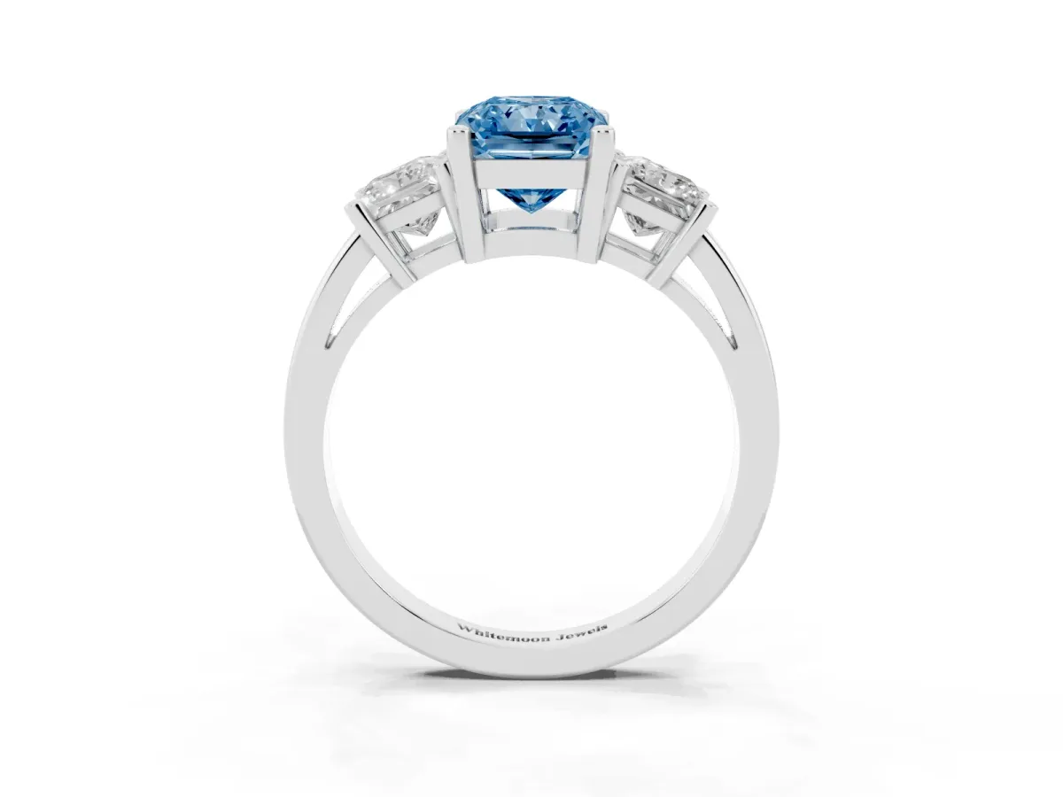 Fancy Blue Three-Stone Radiant Cut Cut Solitaire Ring with Prong Setting Silver