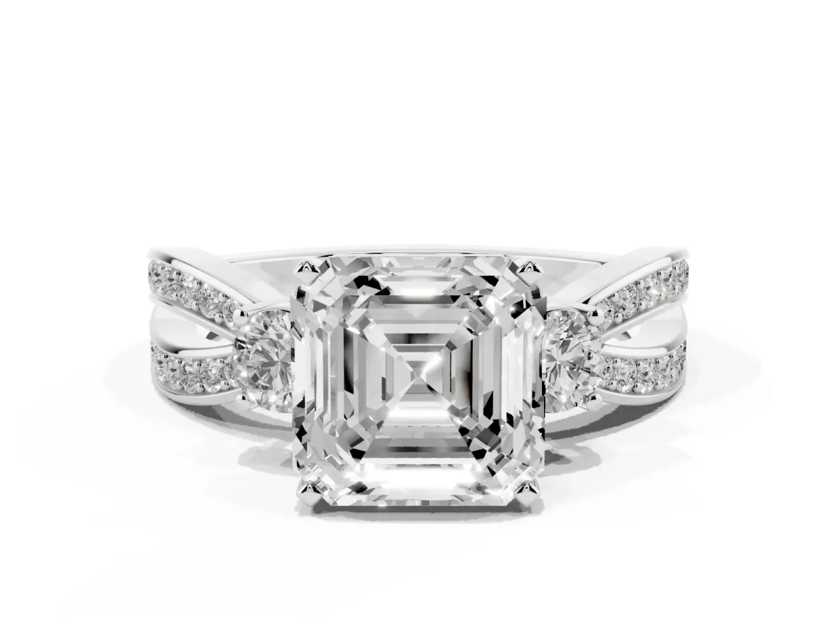 Three-Stone Asscher Cut Cut Diamond Twist Band with Prong Setting Platinum