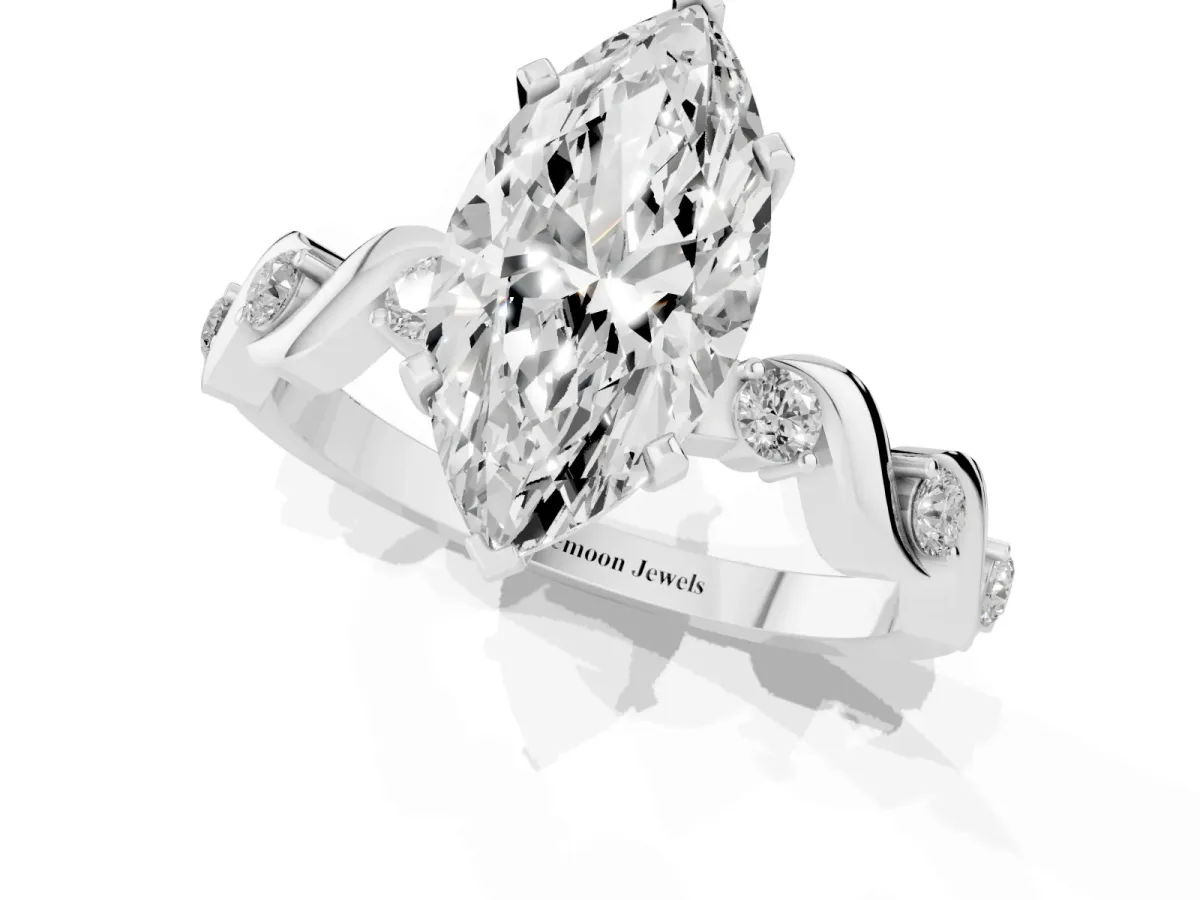 Marquise Cut Diamond Solitaire Twisted Band with Round Accents and Prong Setting Platinum