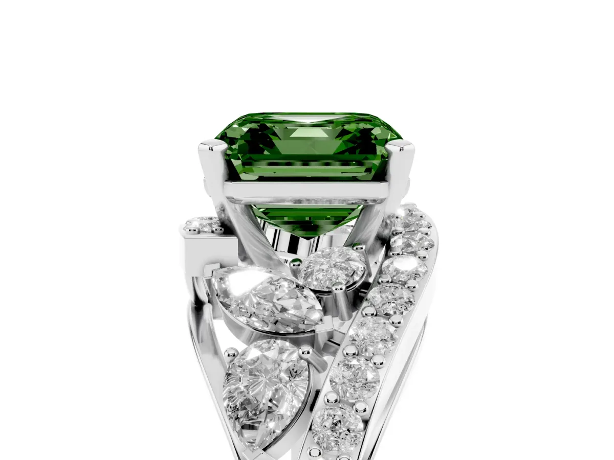 Fancy Green Asscher Cut Diamond Halo Ring with Marquise and Pavé Band in Prong Setting Platinum