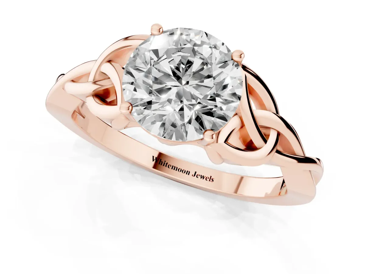 Round Cut Diamond Solitaire Engagement Ring with Celtic Knot Band and Four-Prong Setting Rose gold