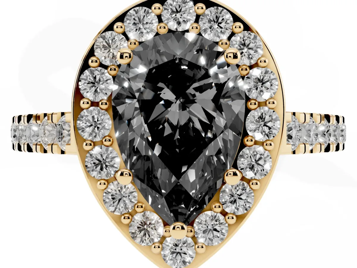 Fancy Black Pear Cut Diamond Halo Ring with Round Pavé Split Shank and Prong Setting Yellow gold