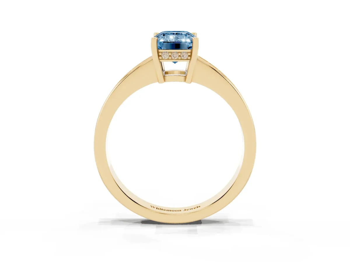 Fancy Blue Emerald Cut Solitaire Pavé Band Prong Setting Ring Yellow gold