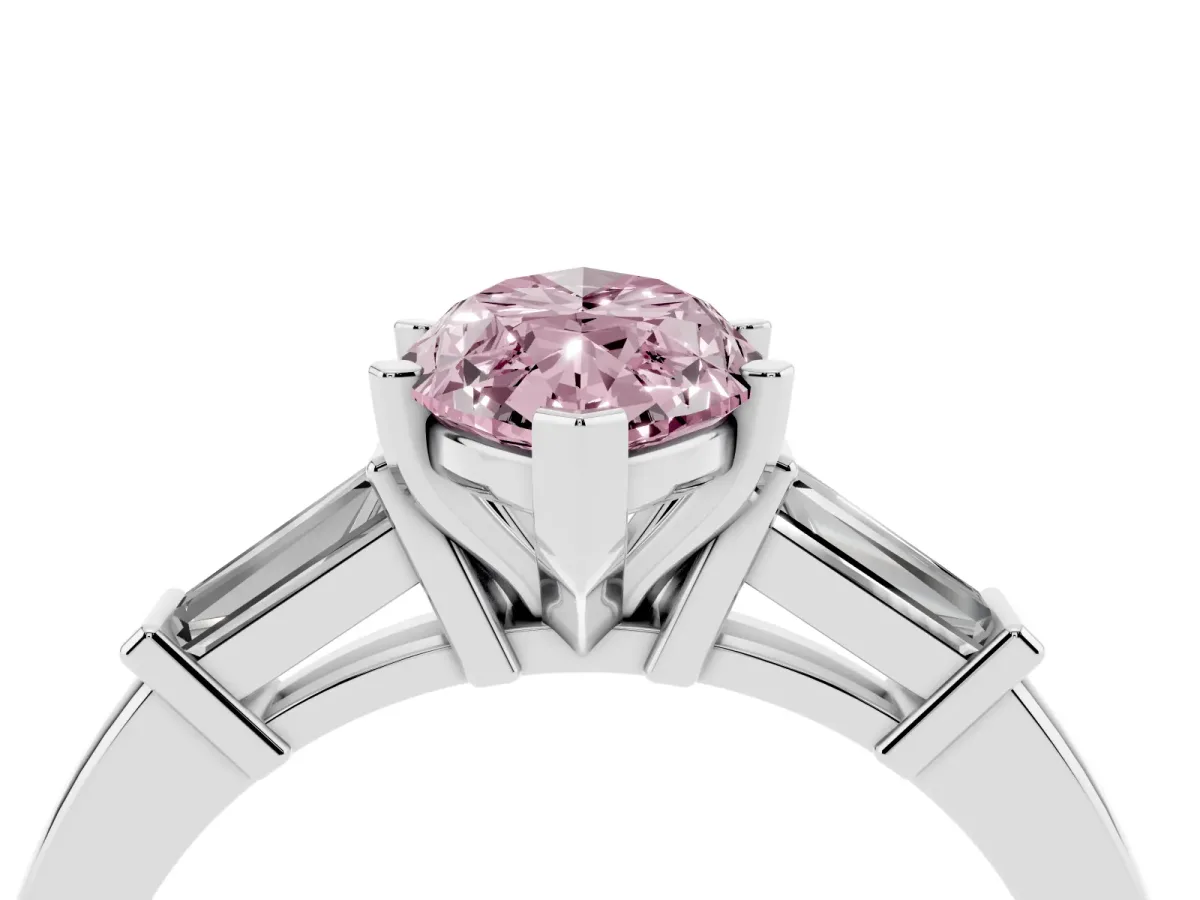 Fancy Pink Marquise Cut Cut Diamond Solitaire Ring with Tapered Baguette Accents and Four-Prong Setting Platinum