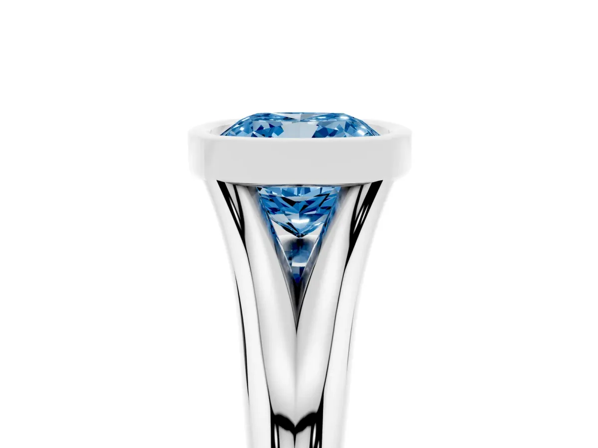 Fancy Blue Bezel Set Cushion Cut Solitaire Diamond Ring with Smooth Band Platinum