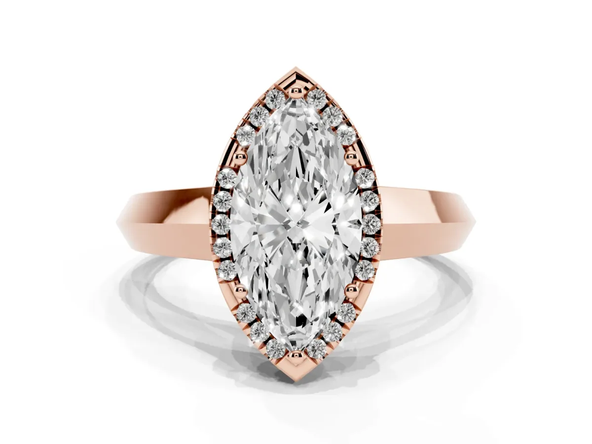 Marquise Cut Halo Diamond Ring with Cathedral Band and Four-Prong Setting Rose gold