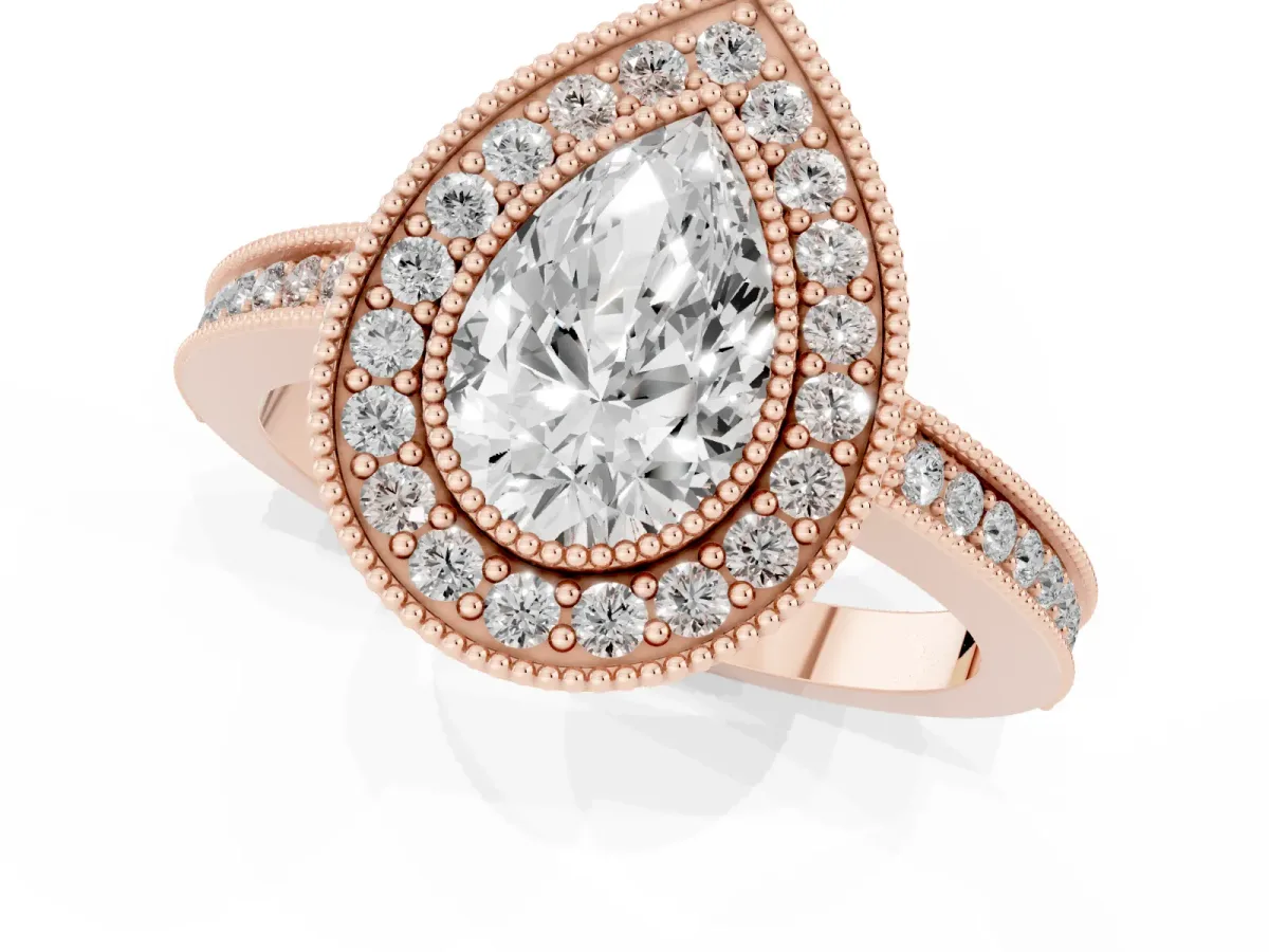 Pear Cut Cut Halo Diamond Ring with Pavé Band and Milgrain Prong Setting Rose gold