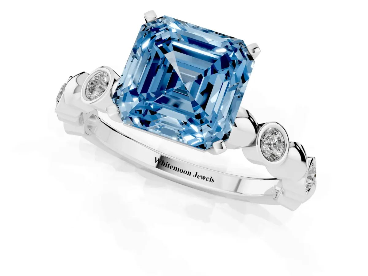 Fancy Blue Asscher Cut Solitaire Bezel-Set Diamond Ring with Beaded Band and Four-Prong Setting Silver
